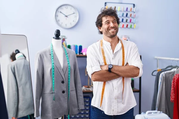 Young Hispanic Man Tailor Smiling Confident Standing Arms Crossed Gesture — Stock Photo, Image