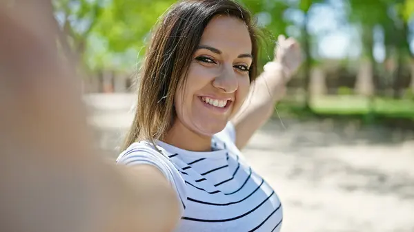 Middle Eastern Woman Smiling Confident Making Selfie Camera Park — Stock Photo, Image