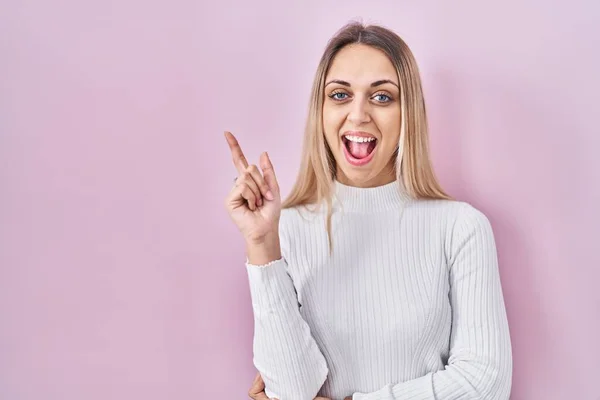 Young Blonde Woman Wearing White Sweater Pink Background Big Smile — Stock Photo, Image