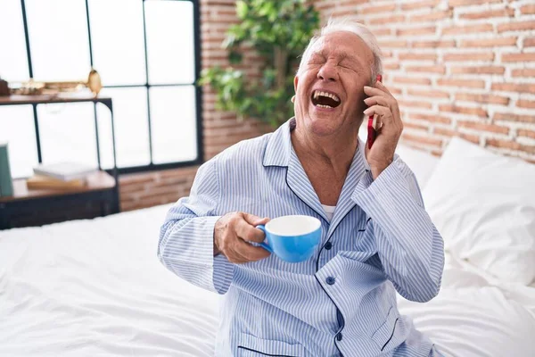 Middle Age Grey Haired Man Talking Smartphone Drinking Coffee Bedroom — Stock Photo, Image