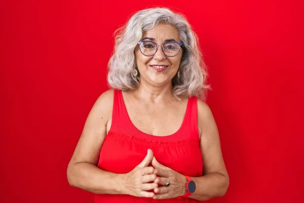 Middle Age Woman Grey Hair Standing Red Background Hands Together — Stock Photo, Image