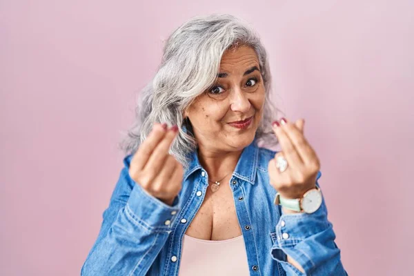 Middle Age Woman Grey Hair Standing Pink Background Doing Money — Stockfoto