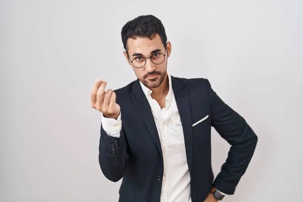 Handsome Business Hispanic Man Standing White Background Doing Italian Gesture — Stock Photo, Image
