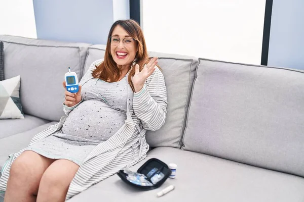 Pregnant Woman Using Blood Pressure Monitor Home Celebrating Victory Happy — Stock Photo, Image