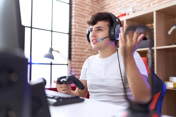 Non Binary Man Streamer Playing Video Game Using Joystick Gaming — Stock fotografie