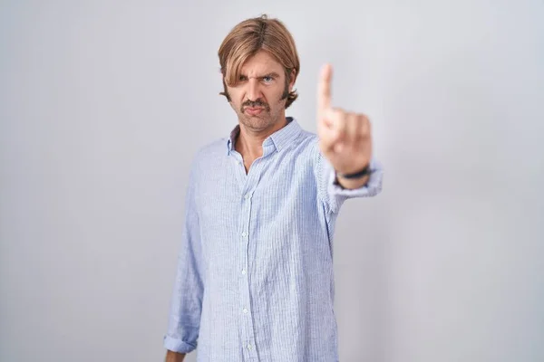 Caucasian Man Mustache Standing White Background Pointing Finger Angry Expression — Stock Photo, Image