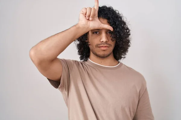Hispanic Man Curly Hair Standing White Background Making Fun People — Stock Photo, Image