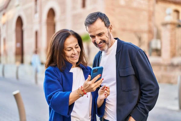 Middle Age Man Woman Couple Using Smartphone Standing Together Street — Stock Fotó