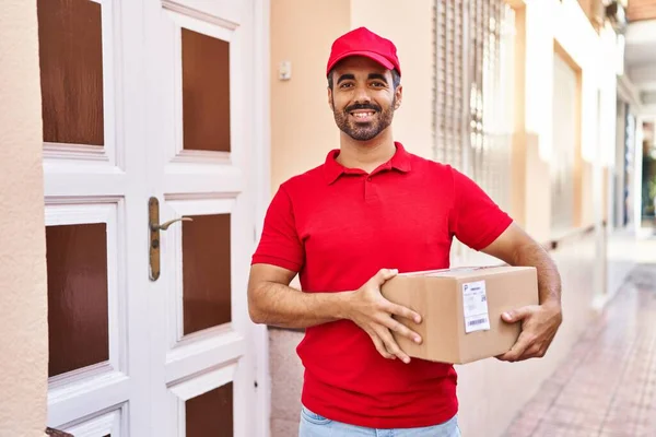 Young Hispanic Man Courier Holding Package Street — Stock Photo, Image
