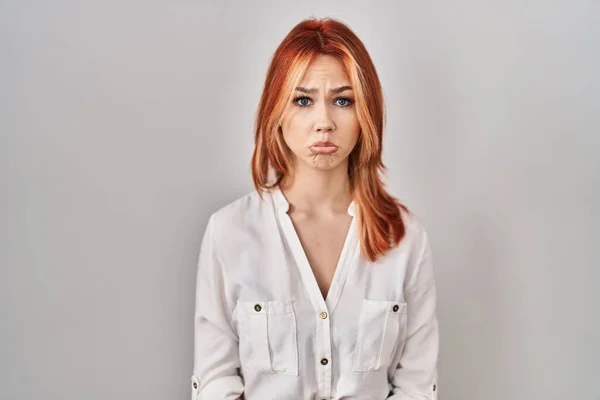 Young Caucasian Woman Standing Isolated Background Depressed Worry Distress Crying — 图库照片