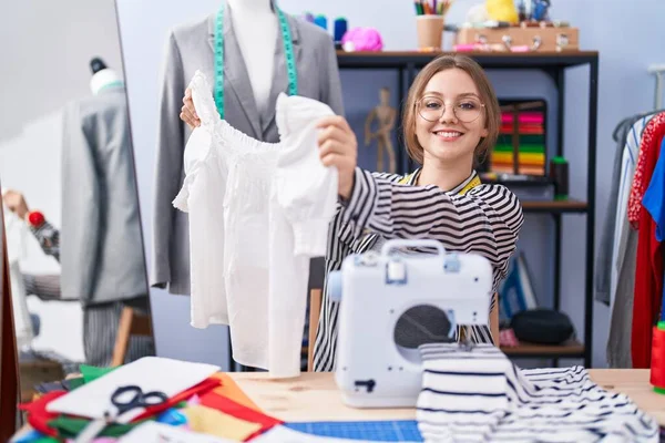 Young Blonde Woman Tailor Smiling Confident Holding Shirt Tailor Shop — Stock Photo, Image