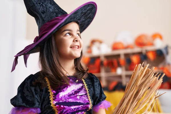 Adorable Hispanic Girl Having Halloween Party Holding Broom Home — Stock Photo, Image