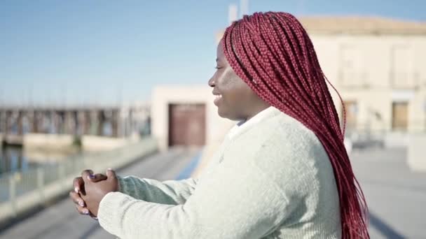 Afrikanerin Mit Geflochtenem Haar Lächelt Meer Selbstbewusst Zur Seite — Stockvideo
