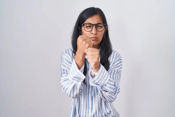 Young Hispanic Woman Wearing Glasses Ready Fight Fist Defense Gesture — Stock Photo, Image