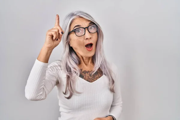 Beyaz Arka Planda Duran Gri Saçlı Orta Yaşlı Bir Kadın — Stok fotoğraf