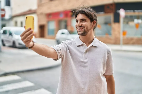 Young Hispanic Man Smiling Confident Having Video Call Street — Stok fotoğraf