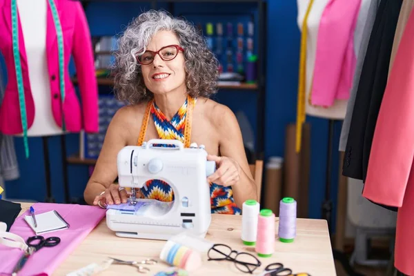Middle Age Grey Haired Woman Tailor Smiling Confident Using Sewing — Photo