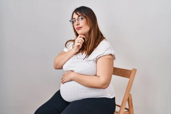 Pregnant Woman Wearing Band Aid Vaccine Injection Serious Face Thinking — Stock Photo, Image