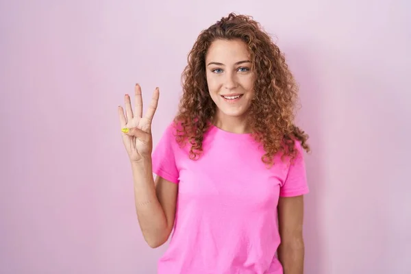Young Caucasian Woman Standing Pink Background Showing Pointing Fingers Number — Stock Photo, Image