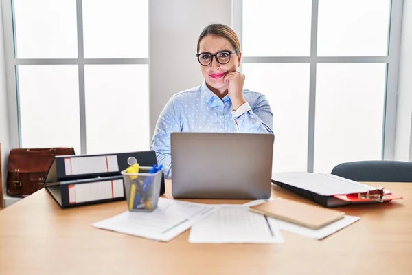Young Hispanic Woman Working Office Wearing Glasses Looking Stressed Nervous — Stock Photo, Image