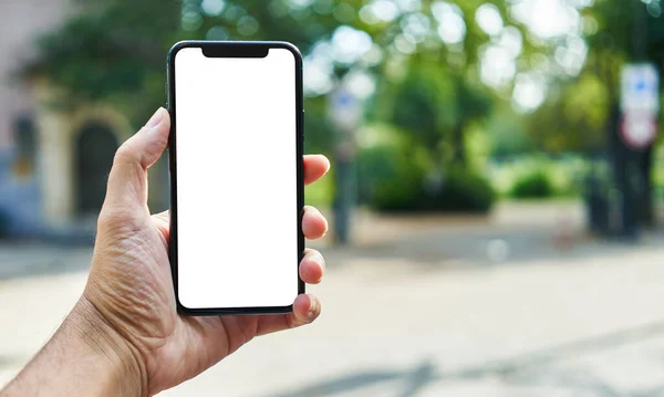 Man Holding Smartphone Showing White Blank Screen Amsterdam — Stock Photo, Image