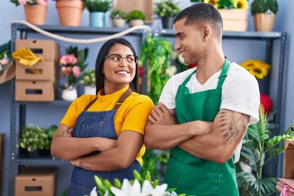 Man Woman Florists Smiling Confident Standing Arms Crossed Gesture Florist — Stock Photo, Image