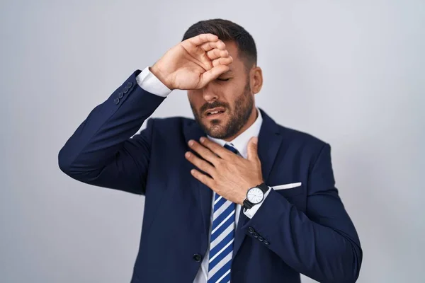 Handsome Hispanic Man Wearing Suit Tie Touching Forehead Illness Fever — Stock Photo, Image