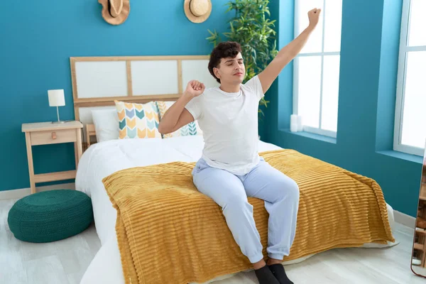 Non Binary Man Waking Stretching Arms Bedroom — Foto de Stock