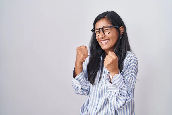 Young Hispanic Woman Wearing Glasses Very Happy Excited Doing Winner — Stock Photo, Image