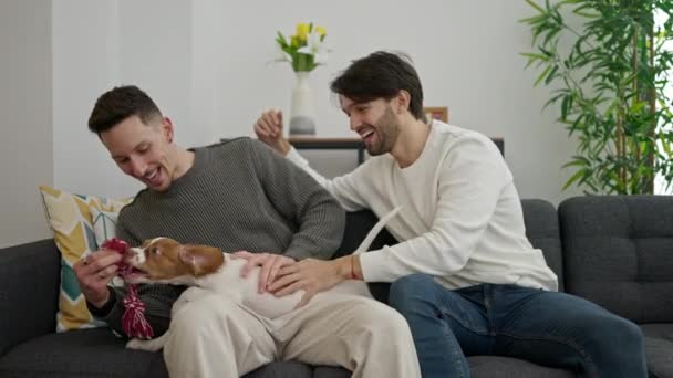 Doi Bărbați Cuplu Stând Canapea Jucându Câinele Acasă — Videoclip de stoc