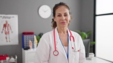 Orta yaşlı İspanyol kadın doktor klinikte başparmağını kaldırıyor.