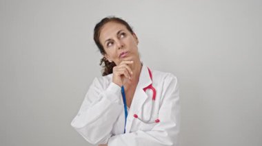 Orta yaşlı İspanyol kadın doktor şüpheli bir ifadeyle izole edilmiş beyaz arka plan üzerinde düşünüyor.