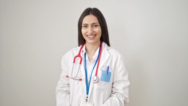 Young Beautiful Hispanic Woman Doctor Doing Thumbs Isolated White Background — Stock Video
