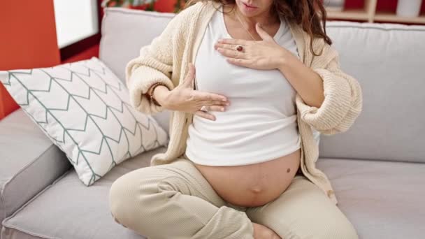 Genç Hamile Bir Kadın Kanepeye Oturmuş Evde Göğsünü Muayene Ediyor — Stok video