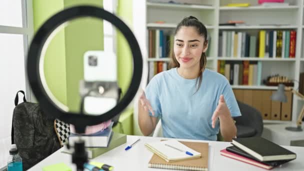 Young Beautiful Hispanic Woman Student Having Video Call Sitting Table — Stok video