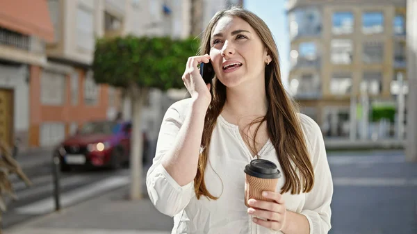 Young Beautiful Hispanic Woman Talking Smartphone Drinking Coffee Street — Stock Photo, Image