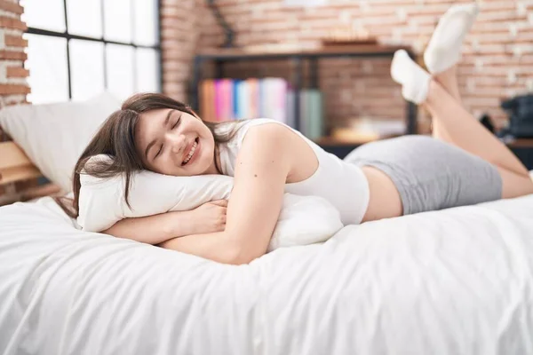 Young Caucasian Woman Hugging Pillow Lying Bed Bedroom — Stock Fotó