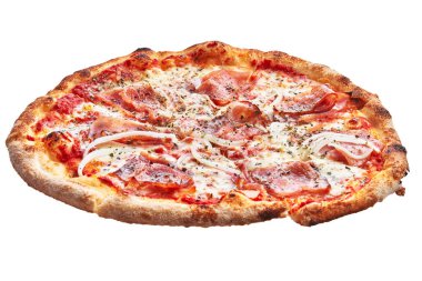  İzole edilmiş beyaz arka planda lezzetli reçel ve soğanlı İtalyan pizzası.