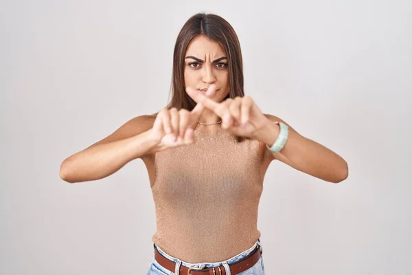Young Hispanic Woman Standing White Background Rejection Expression Crossing Fingers — Stok fotoğraf
