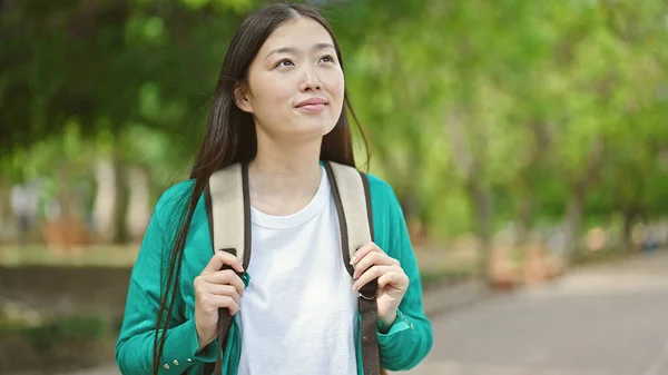 Jeune Femme Chinoise Touriste Portant Sac Dos Souriant Parc — Photo