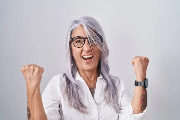 Middle Age Woman Tattoos Wearing Glasses Standing White Background Very — Stock Photo, Image