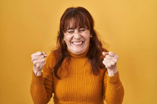 Middle Age Hispanic Woman Standing Yellow Background Excited Success Arms — Stock Photo, Image