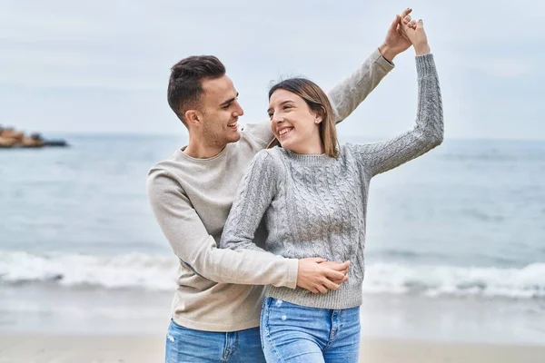 Man Woman Couple Smiling Confident Dancing Seaside —  Fotos de Stock