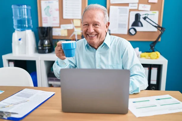 Middle Age Grey Haired Man Business Worker Using Laptop Drinking — Stock Fotó