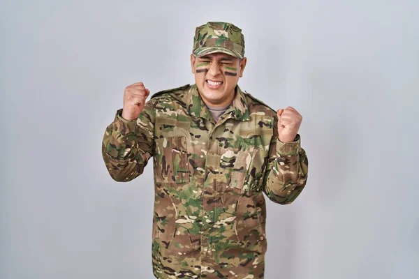 Hispanic Young Man Wearing Camouflage Army Uniform Excited Success Arms — Stock Photo, Image