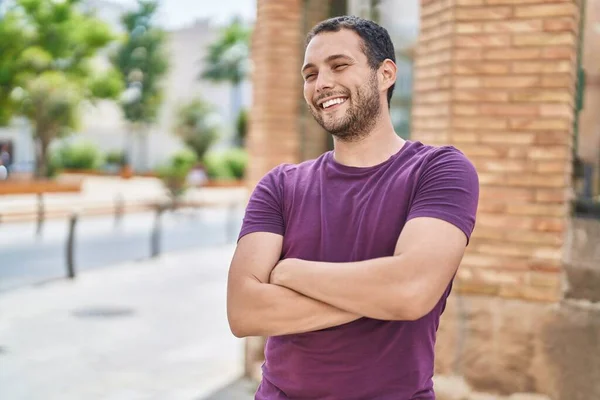 Young Man Smiling Confident Standing Arms Crossed Gesture Park — Stockfoto