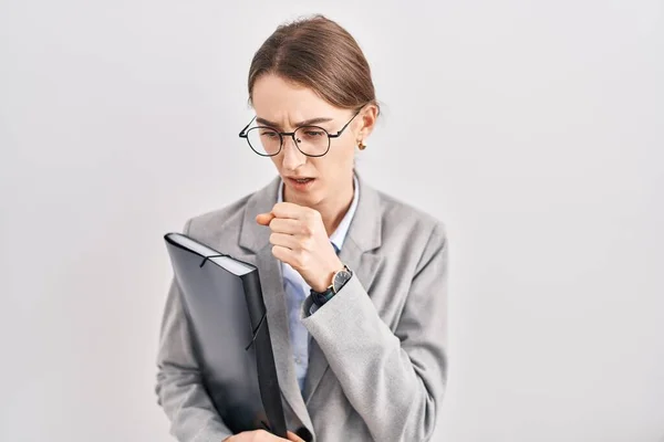 Young Caucasian Woman Wearing Business Clothes Glasses Feeling Unwell Coughing — Stock Photo, Image