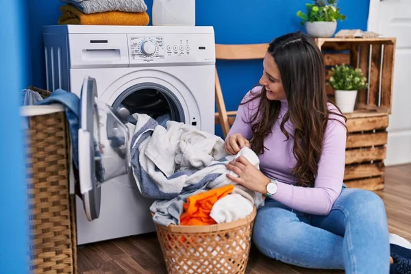 Young Hispanic Woman Washing Clothes Sitting Floor Laundry Room — Photo