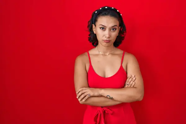 Young Hispanic Woman Standing Red Background Skeptic Nervous Disapproving Expression — Stock Photo, Image