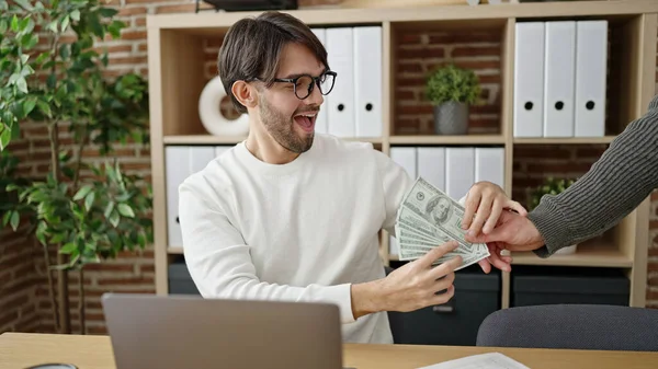 Two Men Business Partners Using Laptop Holding Dollars Office — Stock Photo, Image